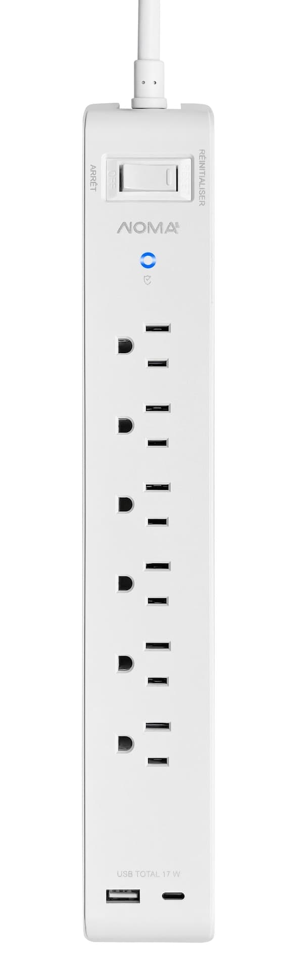 NOMA 6-Outlet/1-USB-A/1-USB-C White Surge Protected Rapid Charging Power Bar with 6-ft Cord and Right Angle Flat Plug