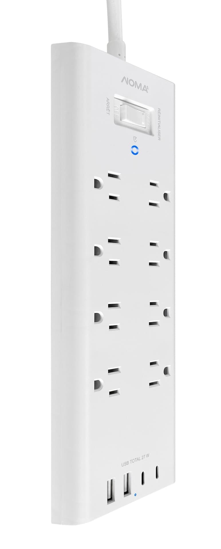 NOMA 8-Wide-Space/2-USB-A/2-USB-C White Surge Protected Power Bar with 6-ft Cord and Right Angle Flat Plug