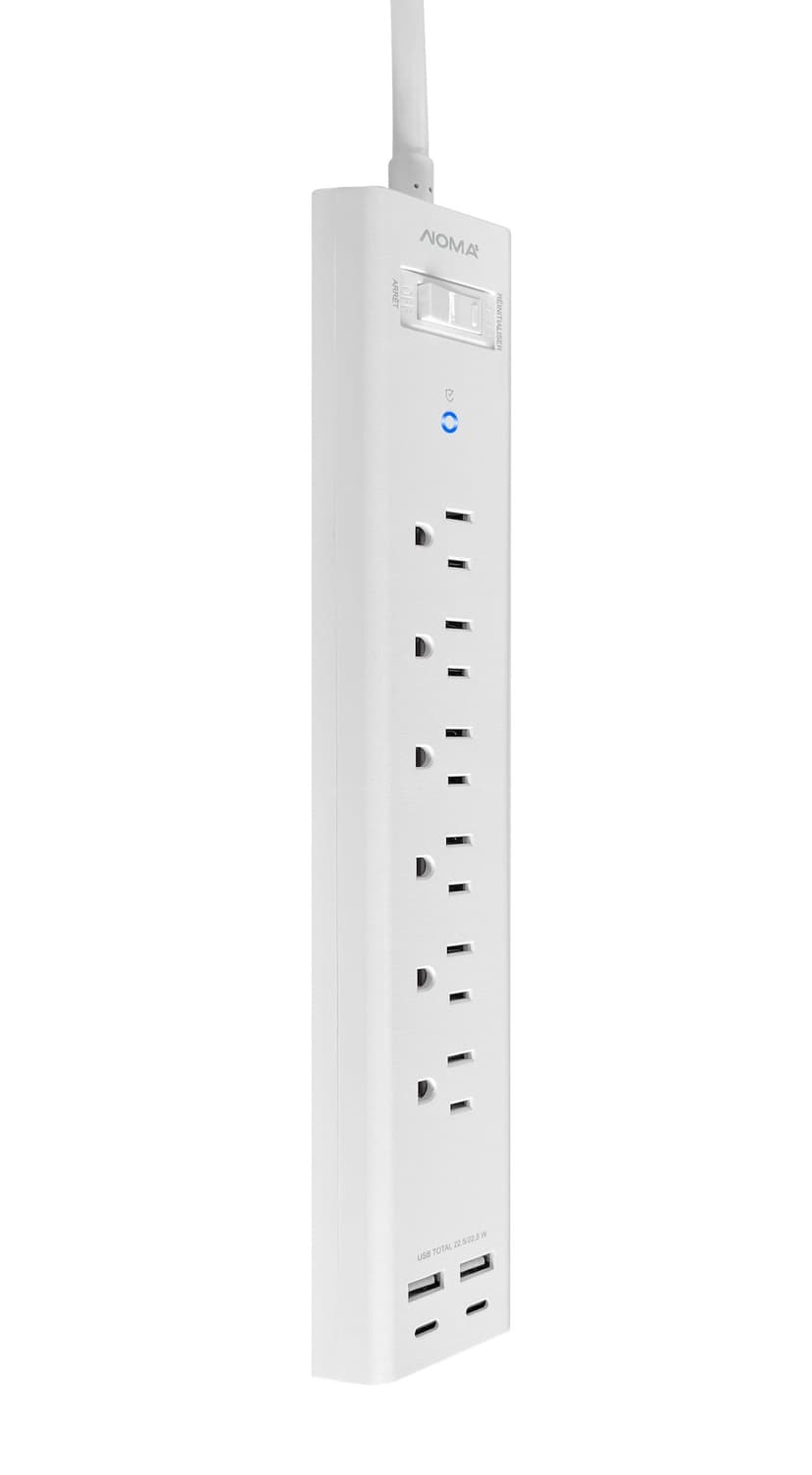 NOMA 6-Outlet/2-USB-A/2-USB-C White Power Bar with 6-ft Cord and Right Angle Flat Plug