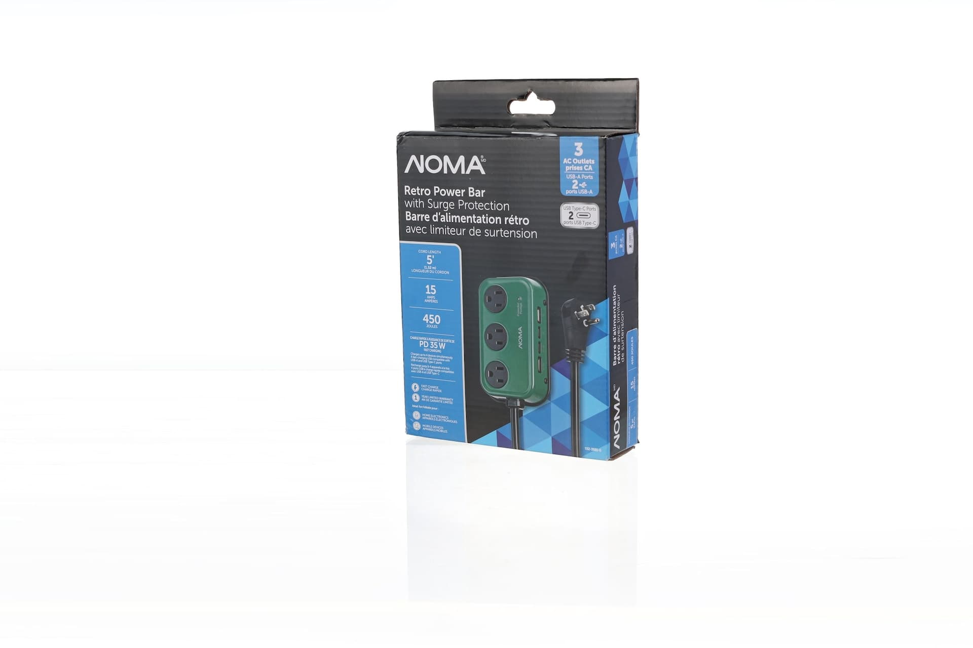 NOMA Retro 3-Outlet Power Bar with 2 USB-A & 2 USB-C Charging Ports, 5-ft Cord, Green