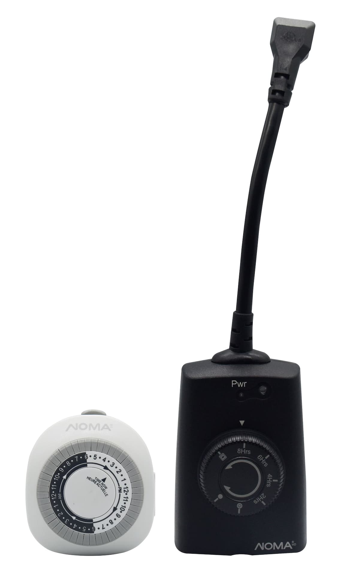 NOMA Indoor / Outdoor Mechanical Timer, 2-pk, 1-Outlet for Indoor, and 1 Grounded Outlet for Outdoor, White/Black
