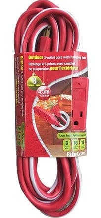 Ritecord 14-ft 7-in 16/3 Outdoor Extension Cord with 3 Grounded Outlets, Red/White/Green
