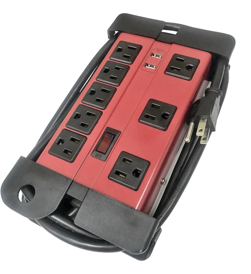 Ritecord 8-Outlet and 2-USB Power Bar with 6-ft cord, Circuit Breaker, Red/Black