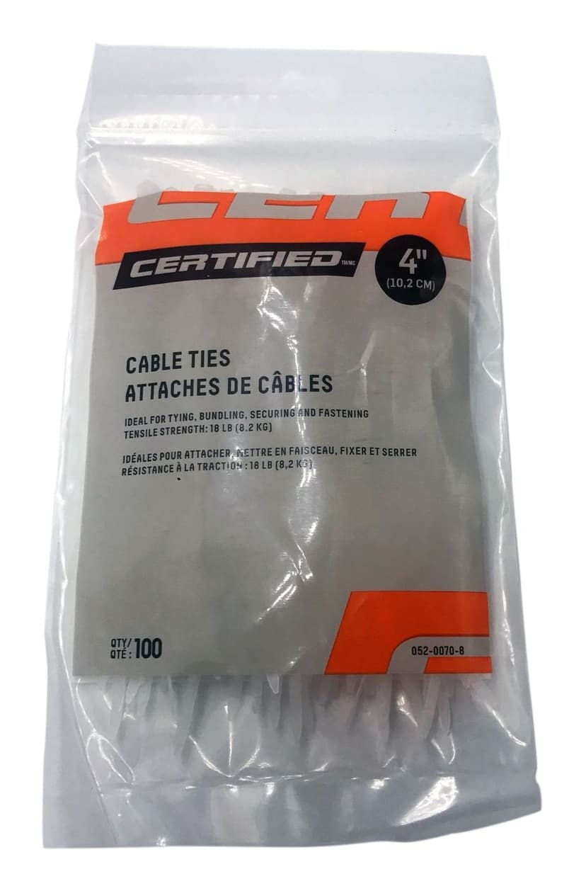 Certified Medium Duty Cable Ties, White, 4-in, 100-pk