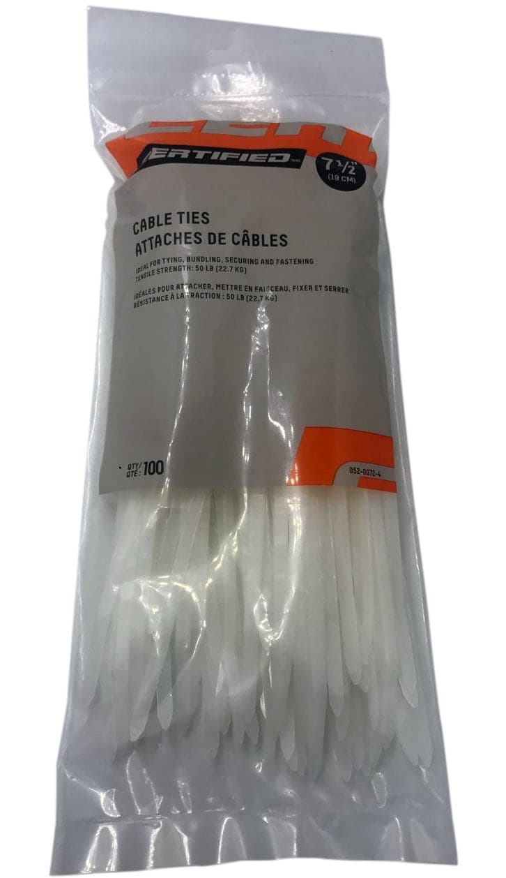 Certified Medium Duty Cable Ties, White, 7.5-in, 100-Pk