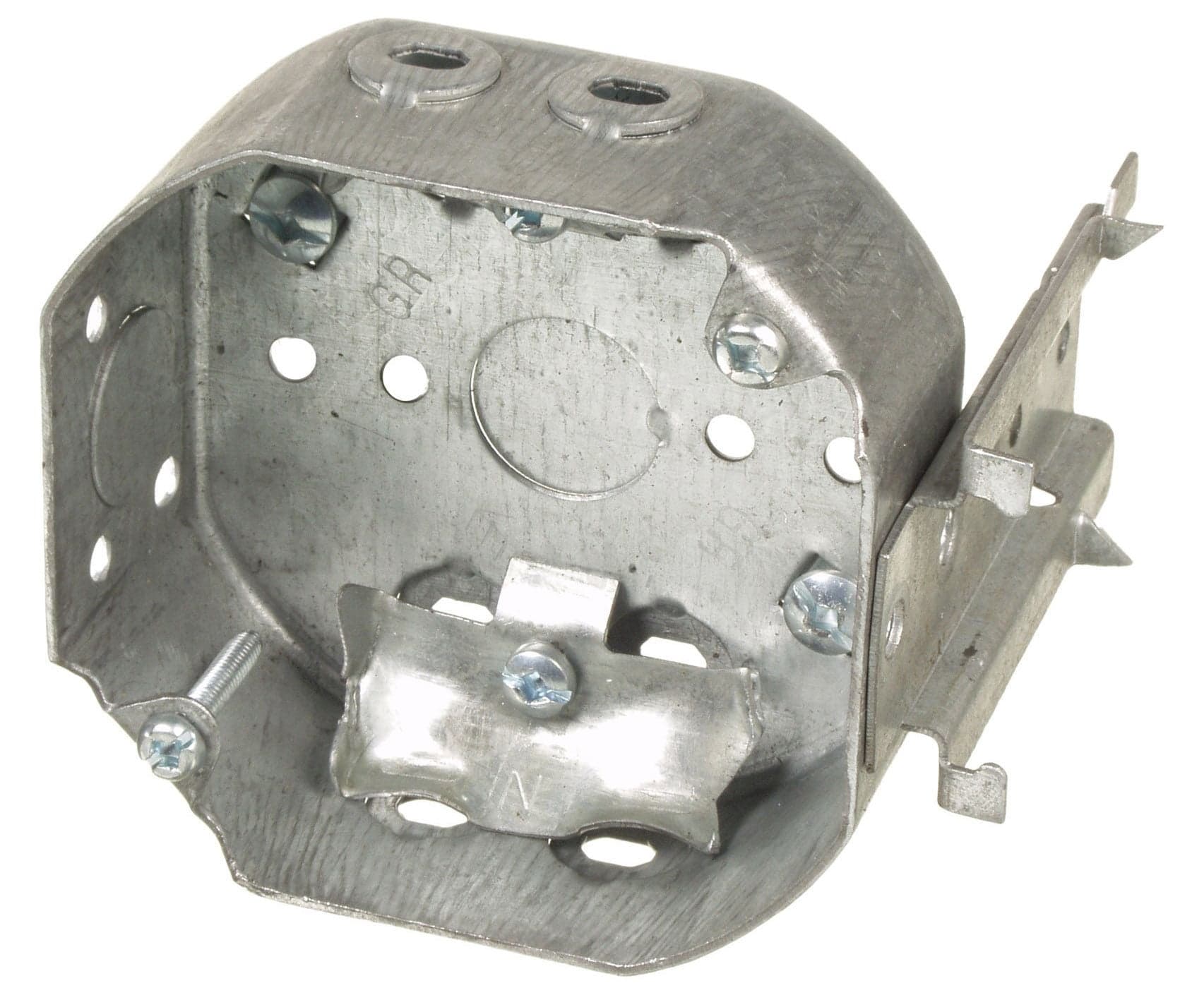 Octagon Steel Box with Side Bracket, Raised Ground Screw, Cable Pryouts, 4-in, 15 Cubic Inches