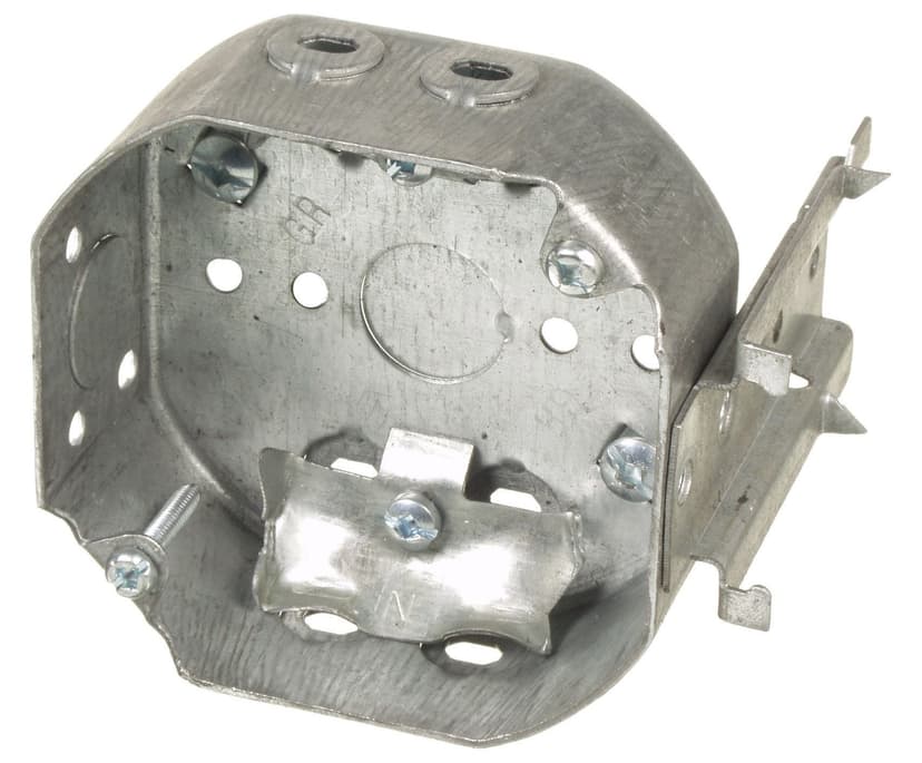 Octagon Steel Box with Side Bracket, Raised Ground Screw, Cable Pryouts, 4-in, 15 Cubic Inches