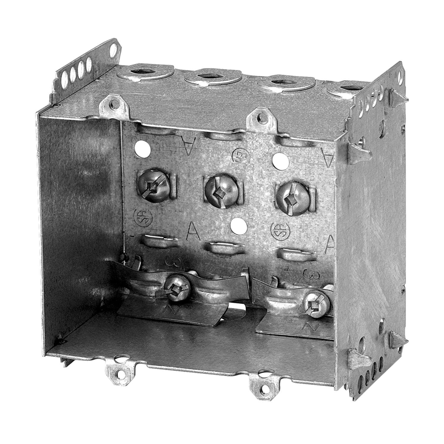 2 Gang Device Box with Cable Pryouts Ends, Raised Ground Screw, 2.5-in Deep, 25 Cubic Inches