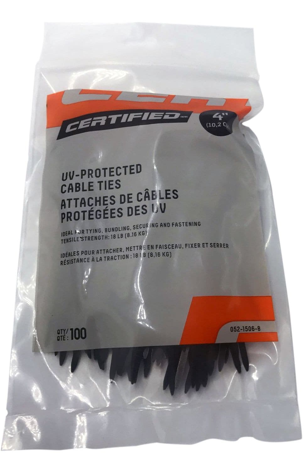 Certified Medium Duty UV Resistant Cable Ties, Black, 4-in, 100-pk