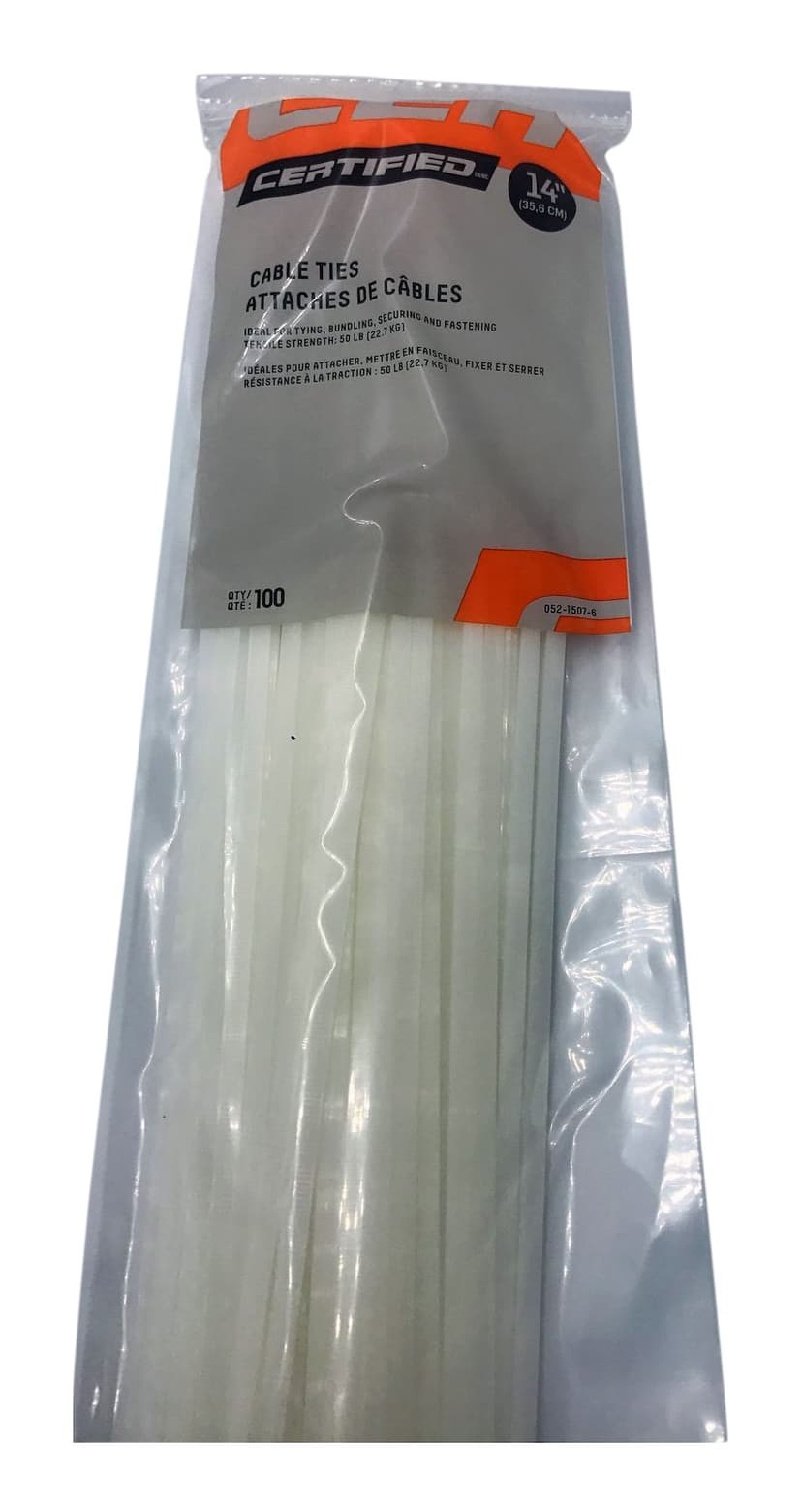 Certified Medium Duty Cable Ties, White, 14-in, 100-pk