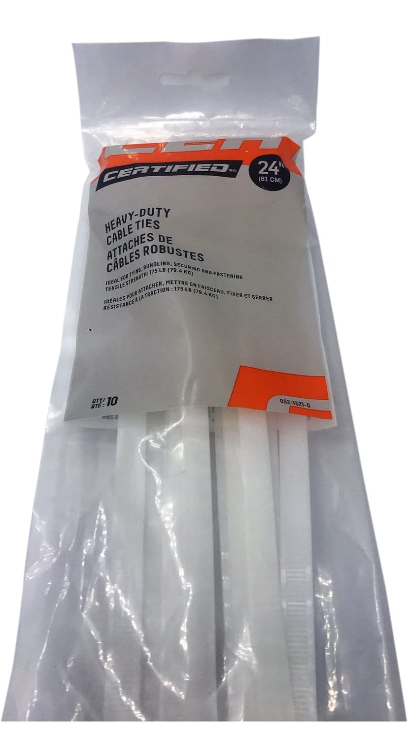 Certified Medium Duty Cable Ties, White, 24-in, 10-pk