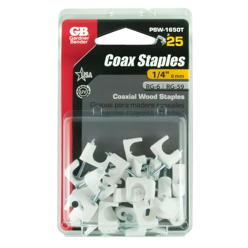 GARDNER BENDER PSW-1650T Polyethylene Coaxial Staples, White, 1/4-in, 25-pk