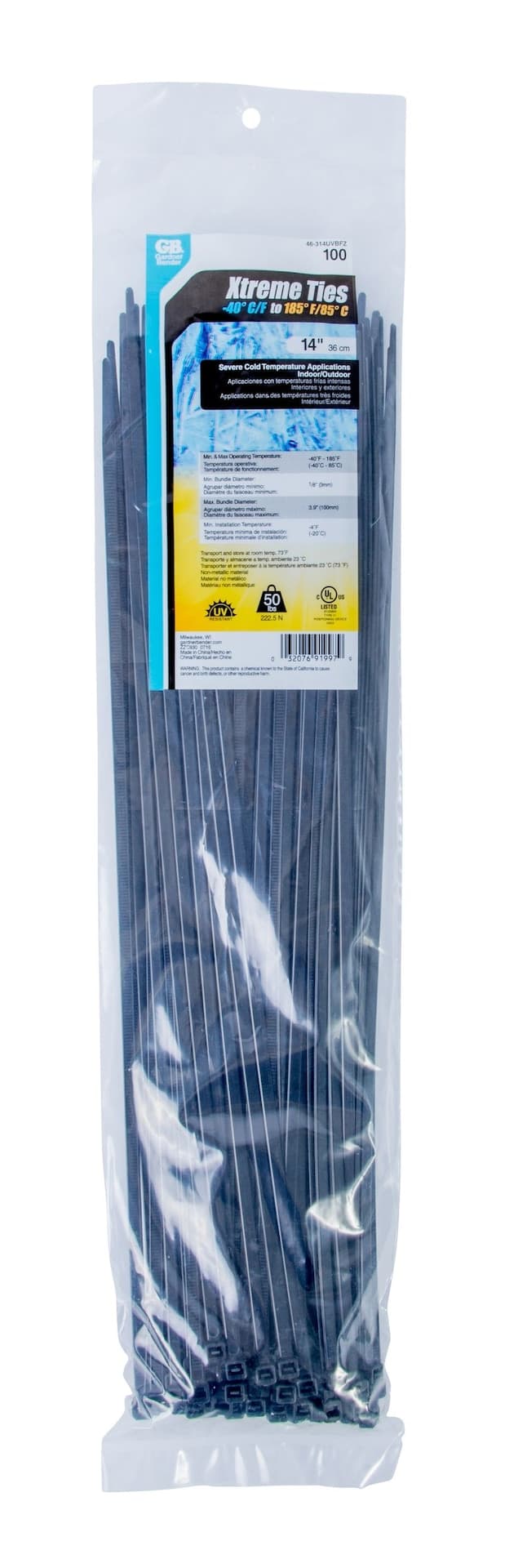 Gardner Bender 46314UVBFZ Medium Duty UV Resistant Xtreme Cable Ties, Black, 14-in, 100-pk