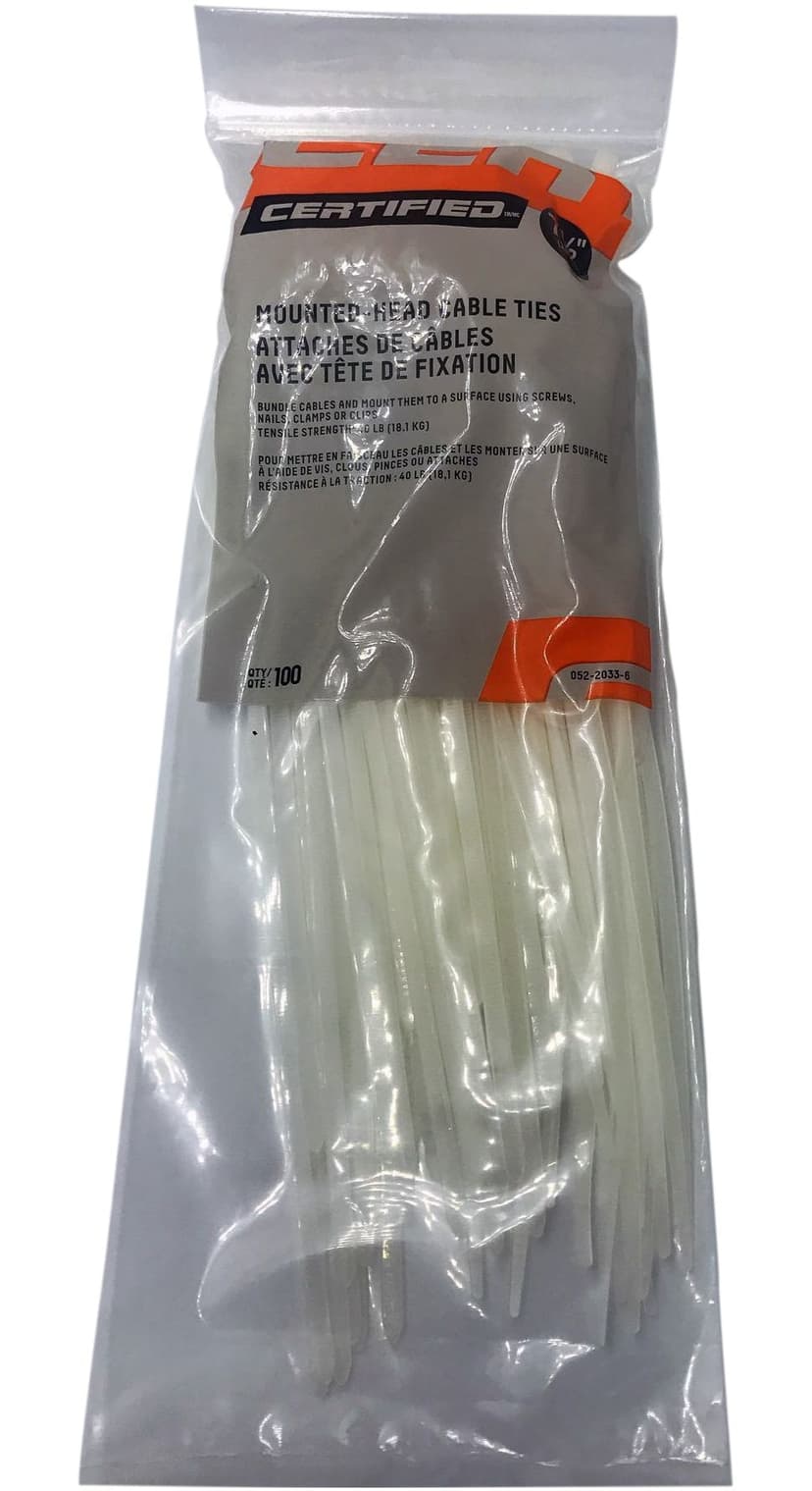 Certified Medium Duty Cable Ties with Mounting Head, White, 7.5-in, 100-pk