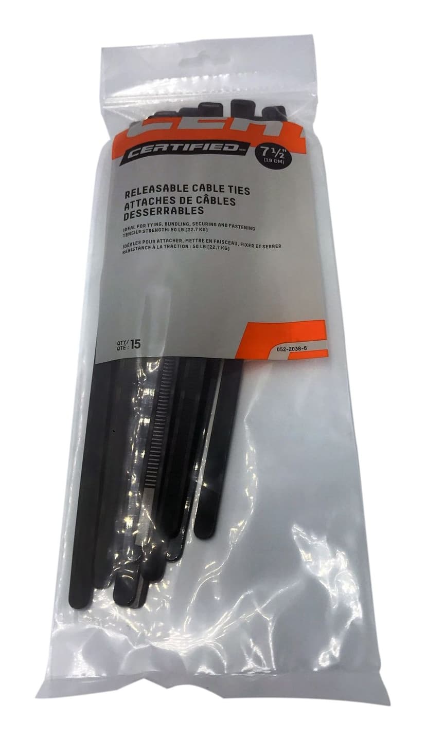 Certified Medium Duty Releasable Cable Ties, Black, 7.5-in, 15-pk