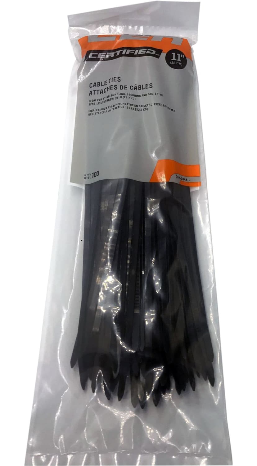 Certified Medium Duty Cable Ties, Black, 11-in, 100-pk