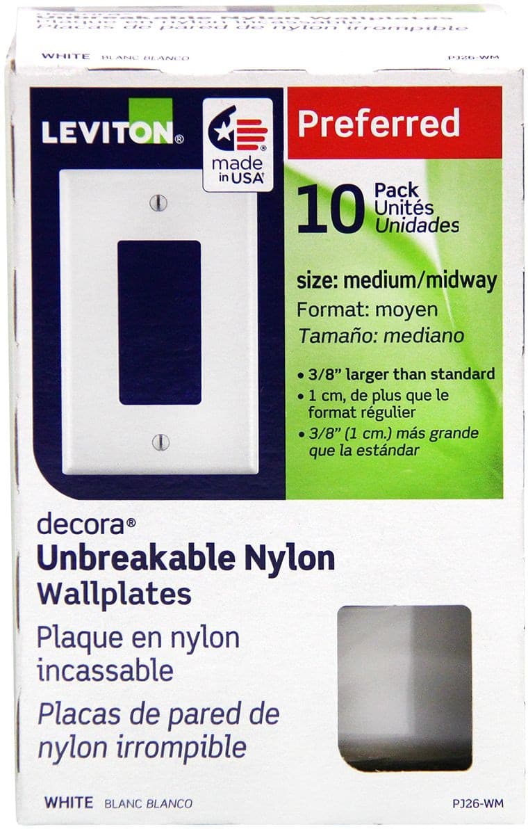 Leviton 0PJ26-755 Decora Rocker Style Switch Midway Nylon Wallplate, 1 Gang, White, 10-pk