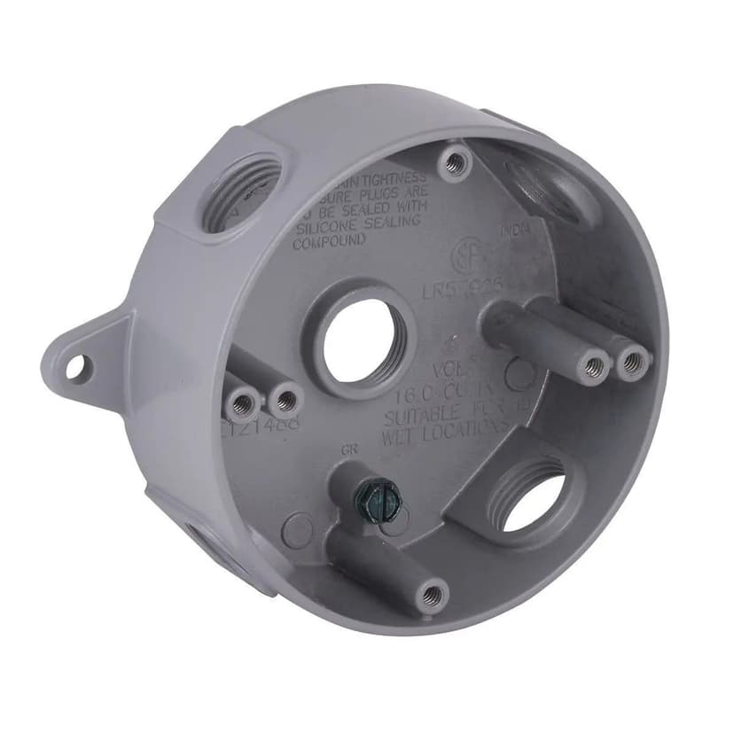 Hubbell 5361-0 Outdoor Round Weatherproof Box, Five 1/2-in Threaded Outlets, Grey, 16 Cubic Inches