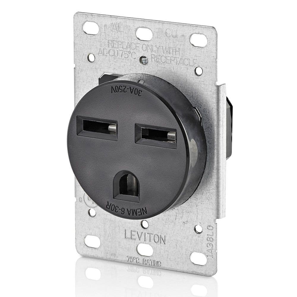 Flush Mount NEMA 6-30R Receptacle, 30A, 250V, Grounding, Industrial Grade, Black
