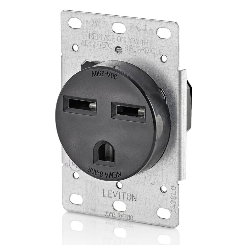 Flush Mount NEMA 6-30R Receptacle, 30A, 250V, Grounding, Industrial Grade, Black