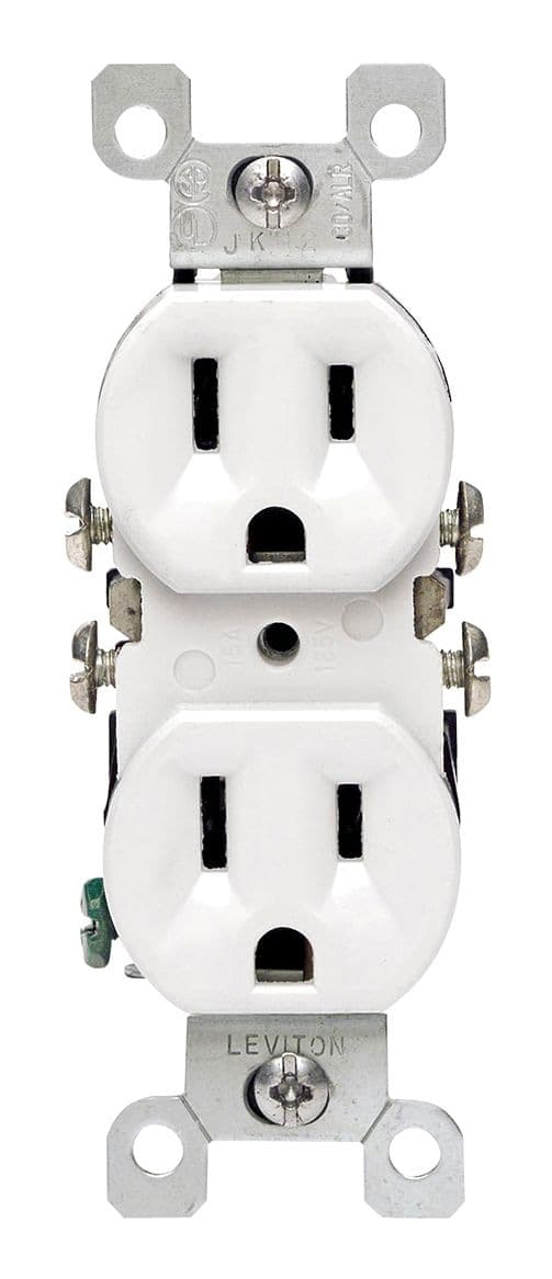 Leviton 12650-743 CO/ALR Duplex NEMA 5-15R Receptacle, 15A, 125V, Grounding, Residential Grade, White