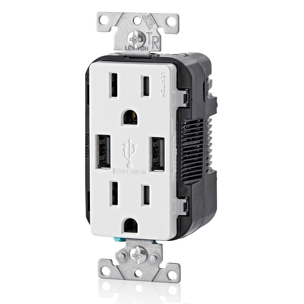 USB Type-A Wall Outlet Charger with 15A Tamper-Resistant Receptacles, White