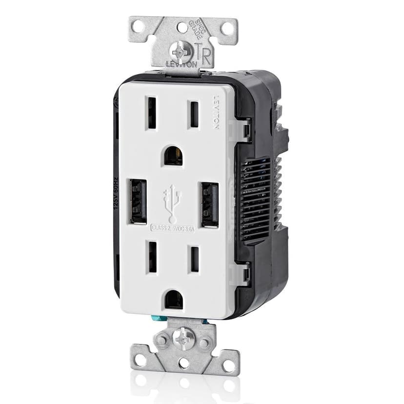 USB Type-A Wall Outlet Charger with 15A Tamper-Resistant Receptacles, White