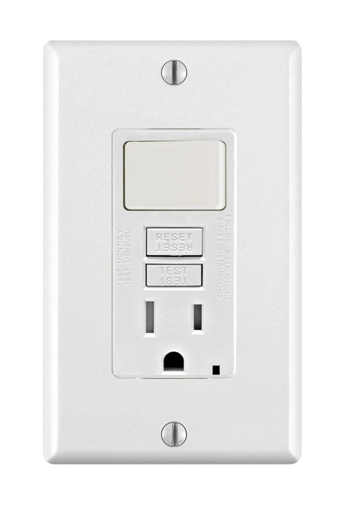 Leviton GFSW1-772 Switch and Tamper Resistant GFCI Receptacle, 15A, 125V, Self-Grounding Clip, White