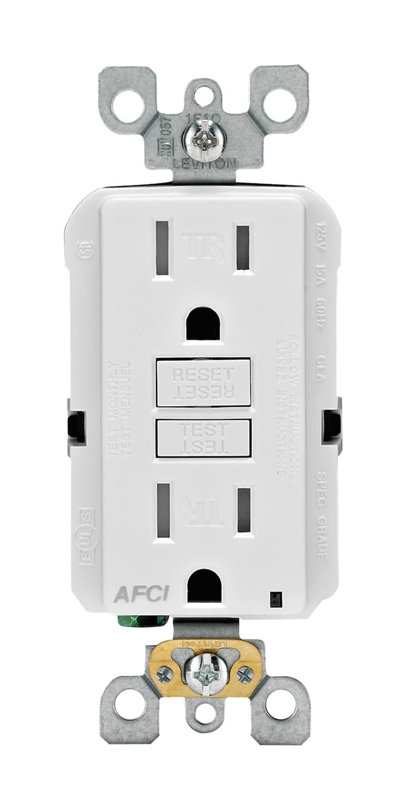 Leviton AFTR1-752 SmartlockPro OBC AFCI Receptacle/Outlet, 15A, 125V, Self-Grounding Clip, Tamper-Resistant White