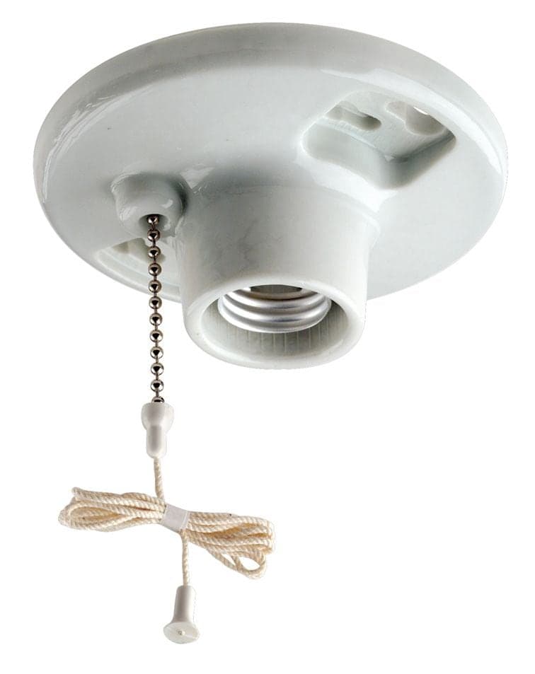 Leviton 29816-730 Glazed Porcelain Outlet Box Mount Lampholder with Pull Chain, 660W, 250V, White