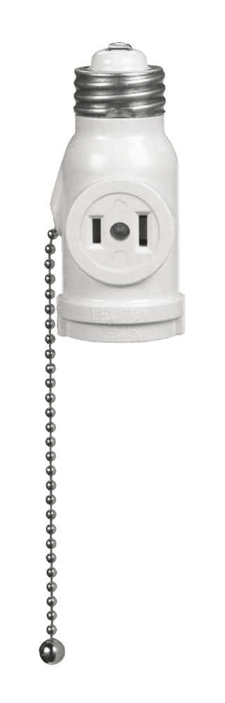 Leviton 01406-740 Socket Adapter Lampholder with Two Outlets and Pull Chain, 660W, 125V, White
