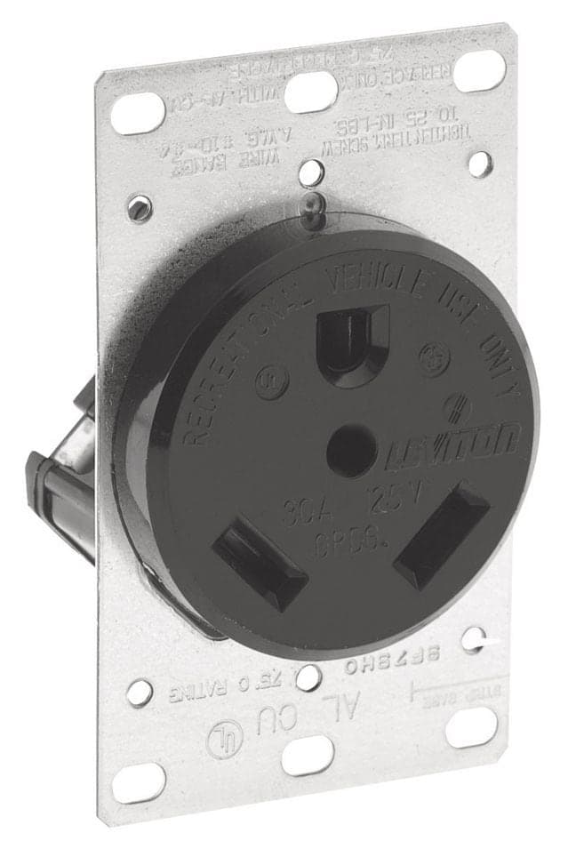 Leviton Flush Mount NEMA TT-30R Receptacle For Recreational Vehicles, 30A, 125V, Grounding, Industrial Use, Black