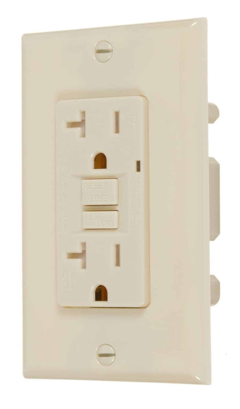 GFCI NEMA 5-20R Receptacle, 20A, 125V, Self-Grounding Clip, Ivory