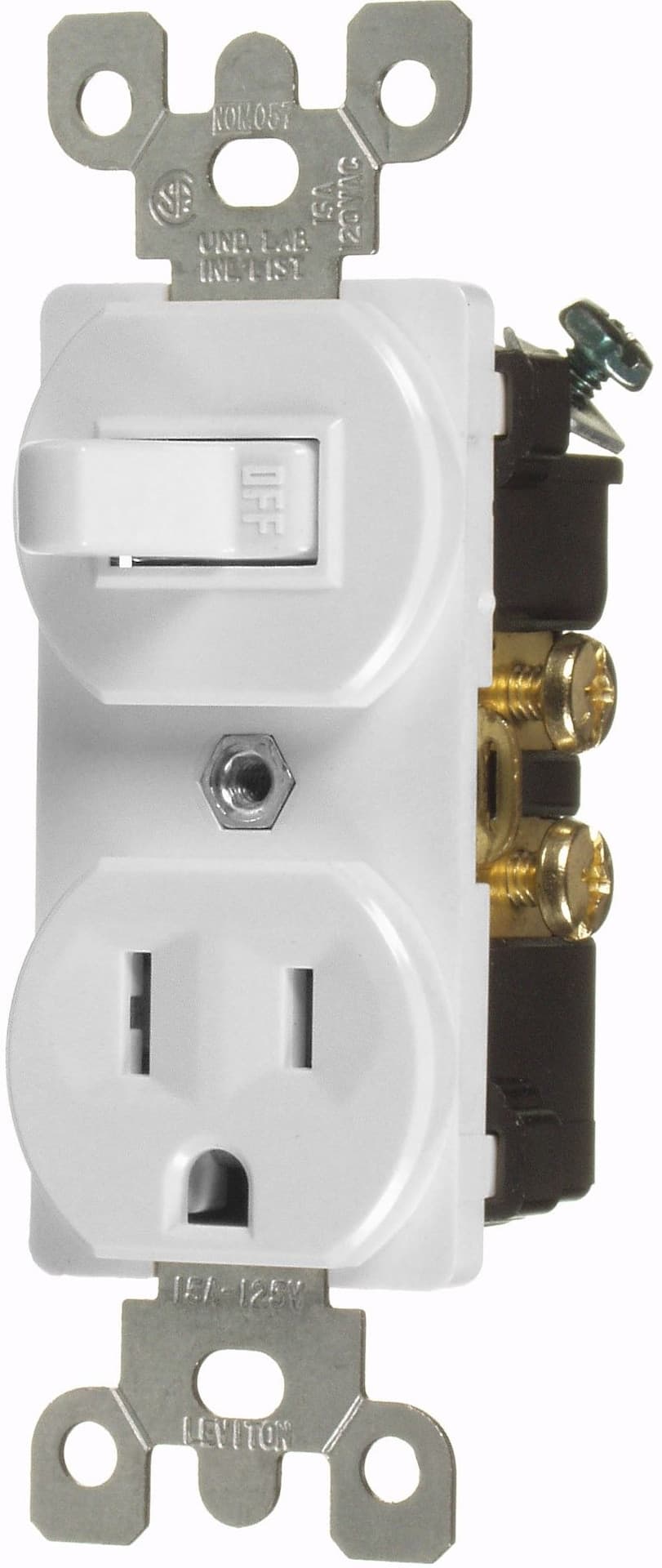 Duplex Style Single-Pole Receptacle 5-15R Combination Switch, Grounding, Commercial Grade, White