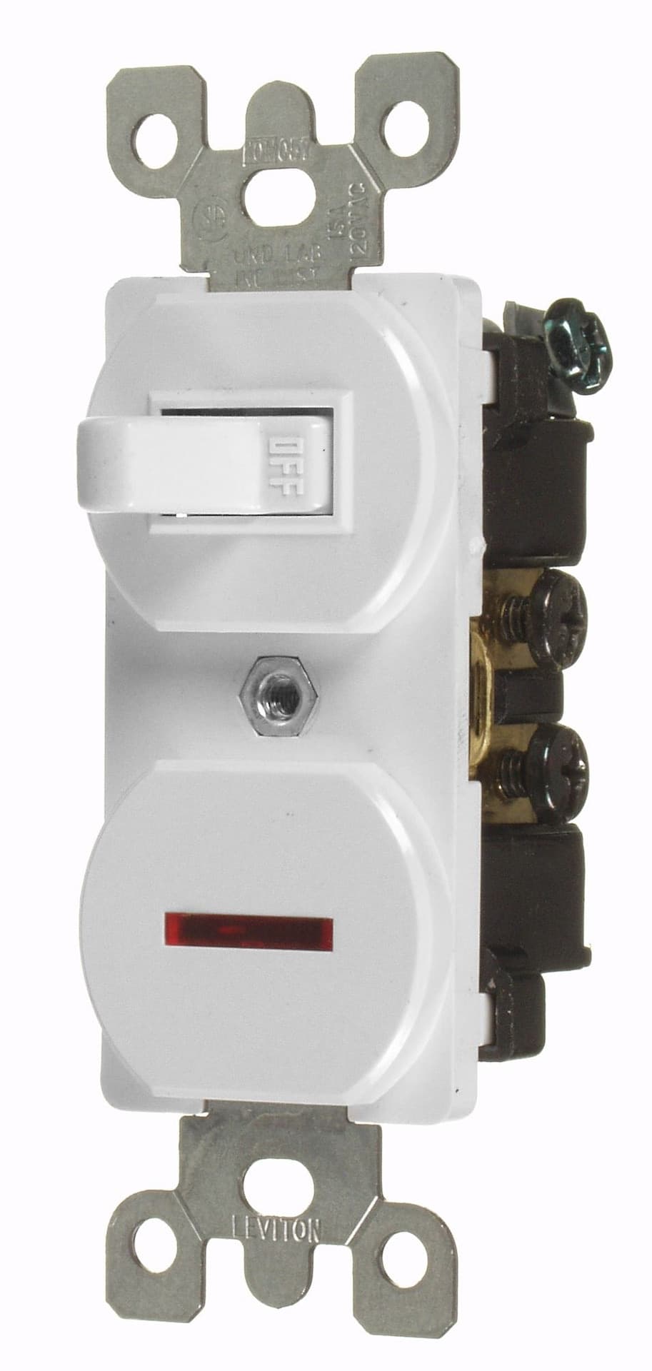 Duplex Style Single-Pole Neon Pilot Combination Switch, 15A, 120V, Non-Grounding, Commercial Grade, White