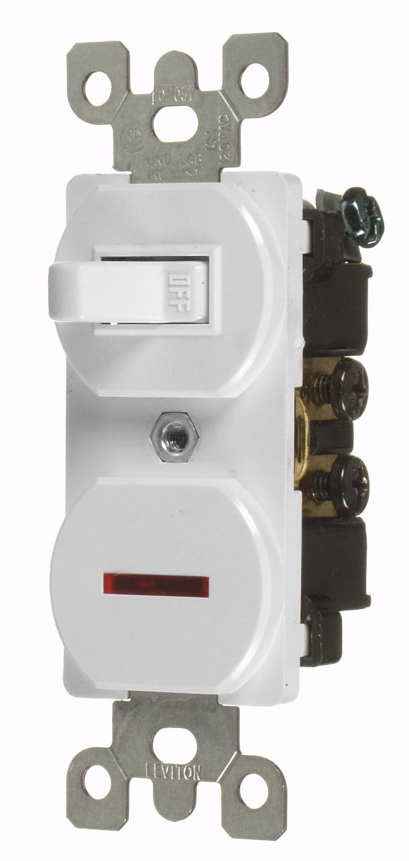 Duplex Style Single-Pole Neon Pilot Combination Switch, 15A, 120V, Non-Grounding, Commercial Grade, White