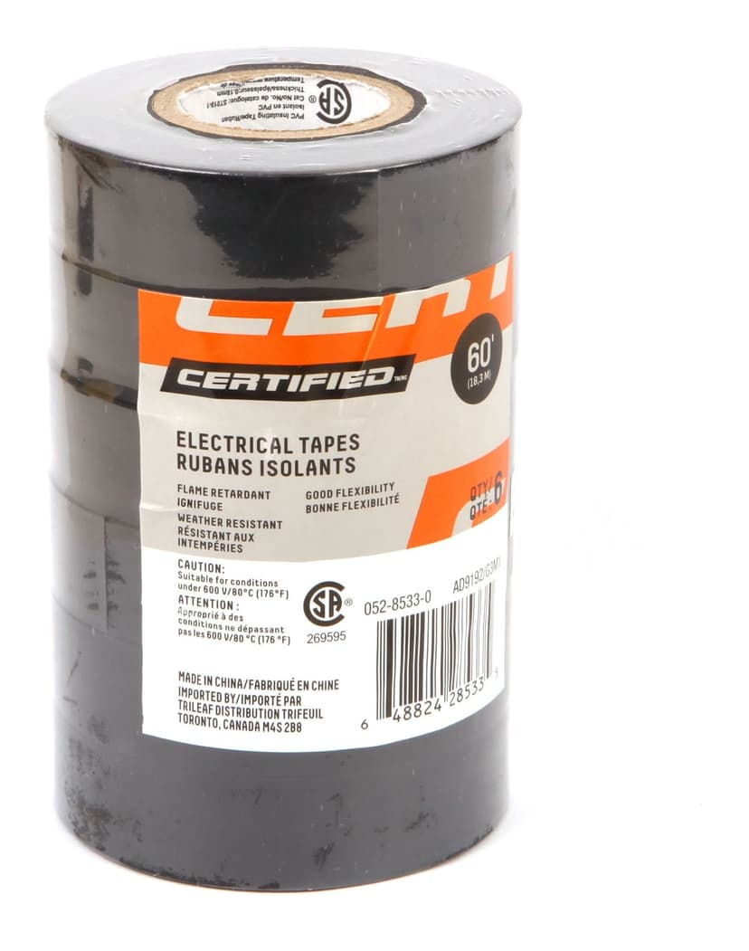 Certified General Purpose Vinyl Electrical Tape, Black, 3/4-in x 60-ft (19 mm x 18.3 m), 6-pk