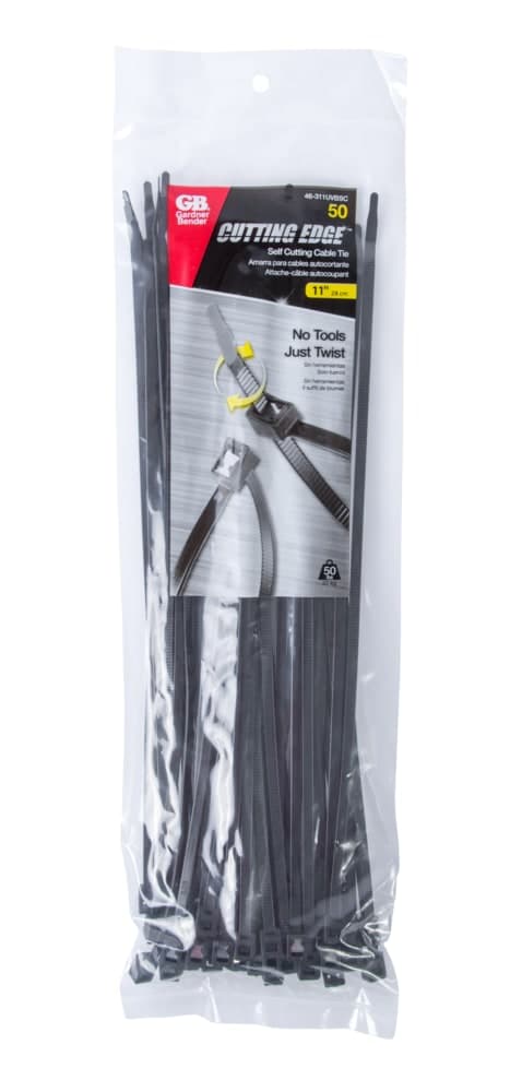GARDNER BENDER 46-311UVBSC Self-Cutting Cable Ties, Black, 11-in, 50-pk