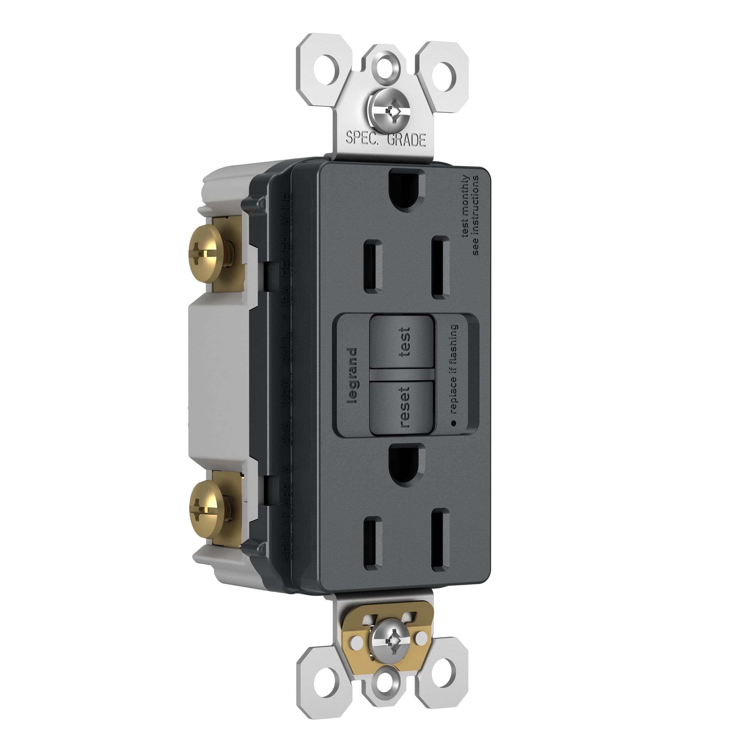 Legrand 1597TRGCC4 Radiant Tamper-Resistant Self-Test GFCI Receptacle, 15A, 125V, Graphite