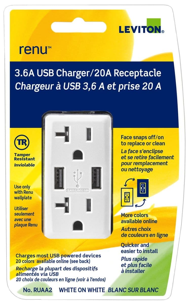 Leviton RUAA2-742 USB Type-A Wall Outlet Charger with 20A Tamper-Resistant Receptacle, White