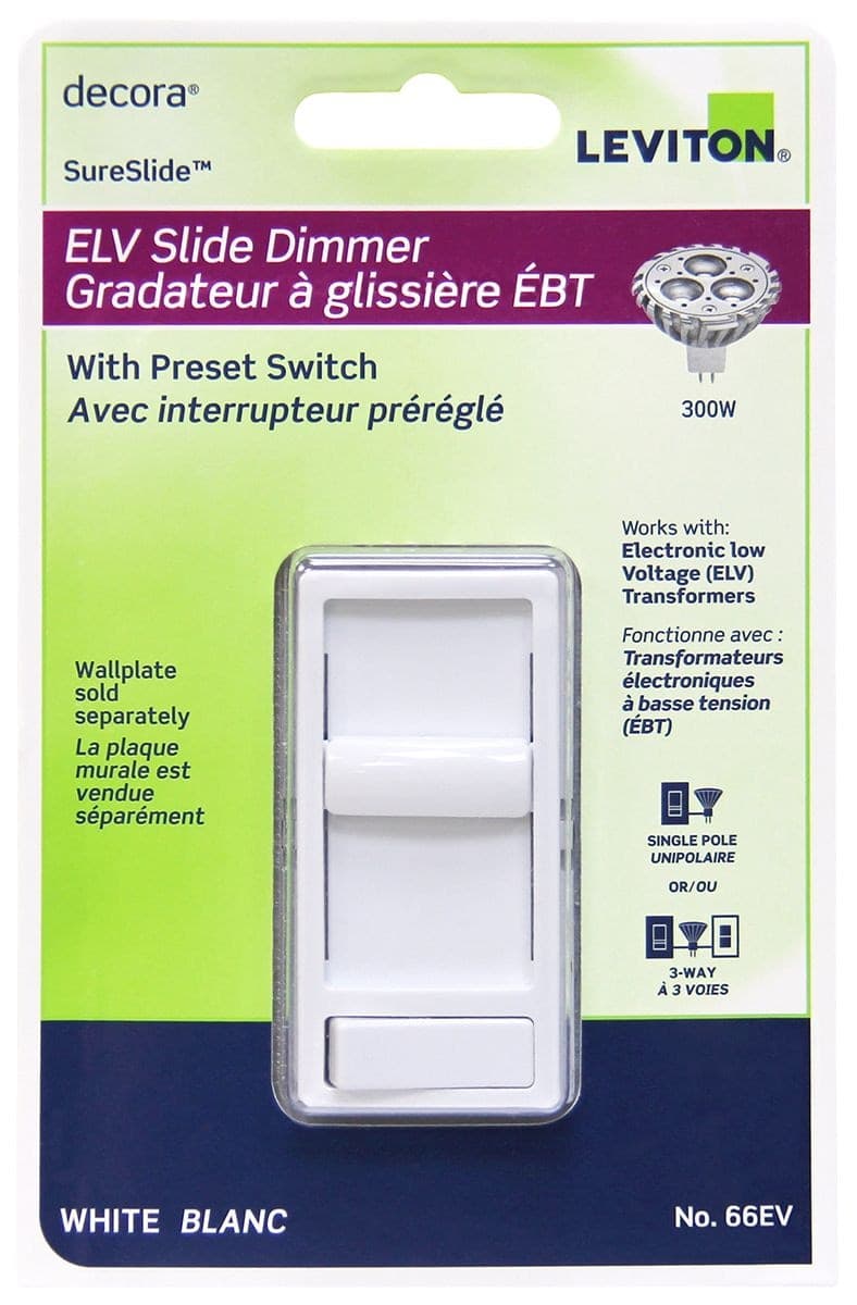 Leviton 066EV-742 Decora SureSlide ELV Slide Dimmer, 300 W Incandescent, LED, CFL and ELV, White
