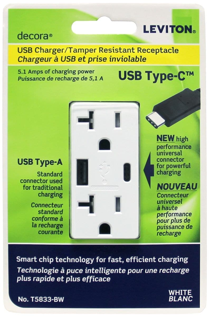 Leviton T5833-742 USB Type A/Type-C Wall Outlet Charger with 20A Tamper-Resistant Receptacles, White