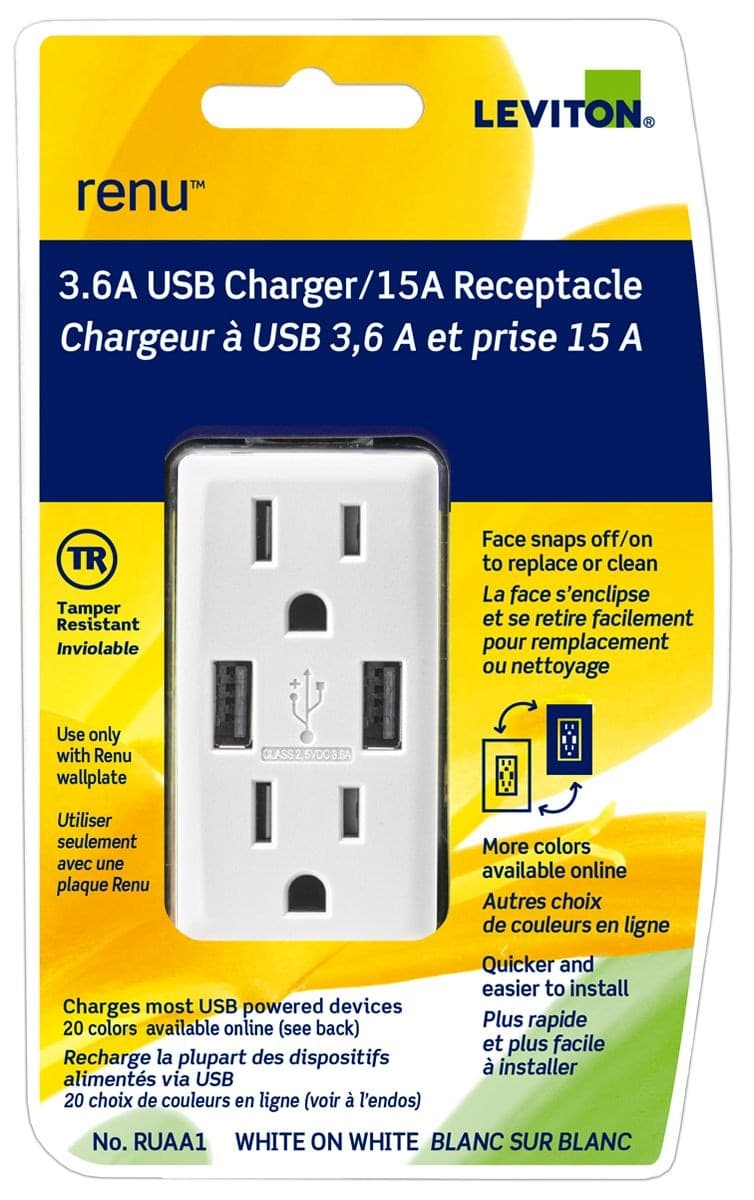 Leviton RUAA1-742 USB Type-A Wall Outlet Charger with 15A Tamper-Resistant Receptacle, White