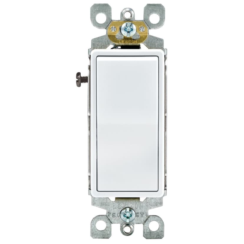 Leviton 05603-M52 Decora 3-Way Quiet Rocker Switch, 15A, 120/277V, Self-Grounding, White, 10-pk