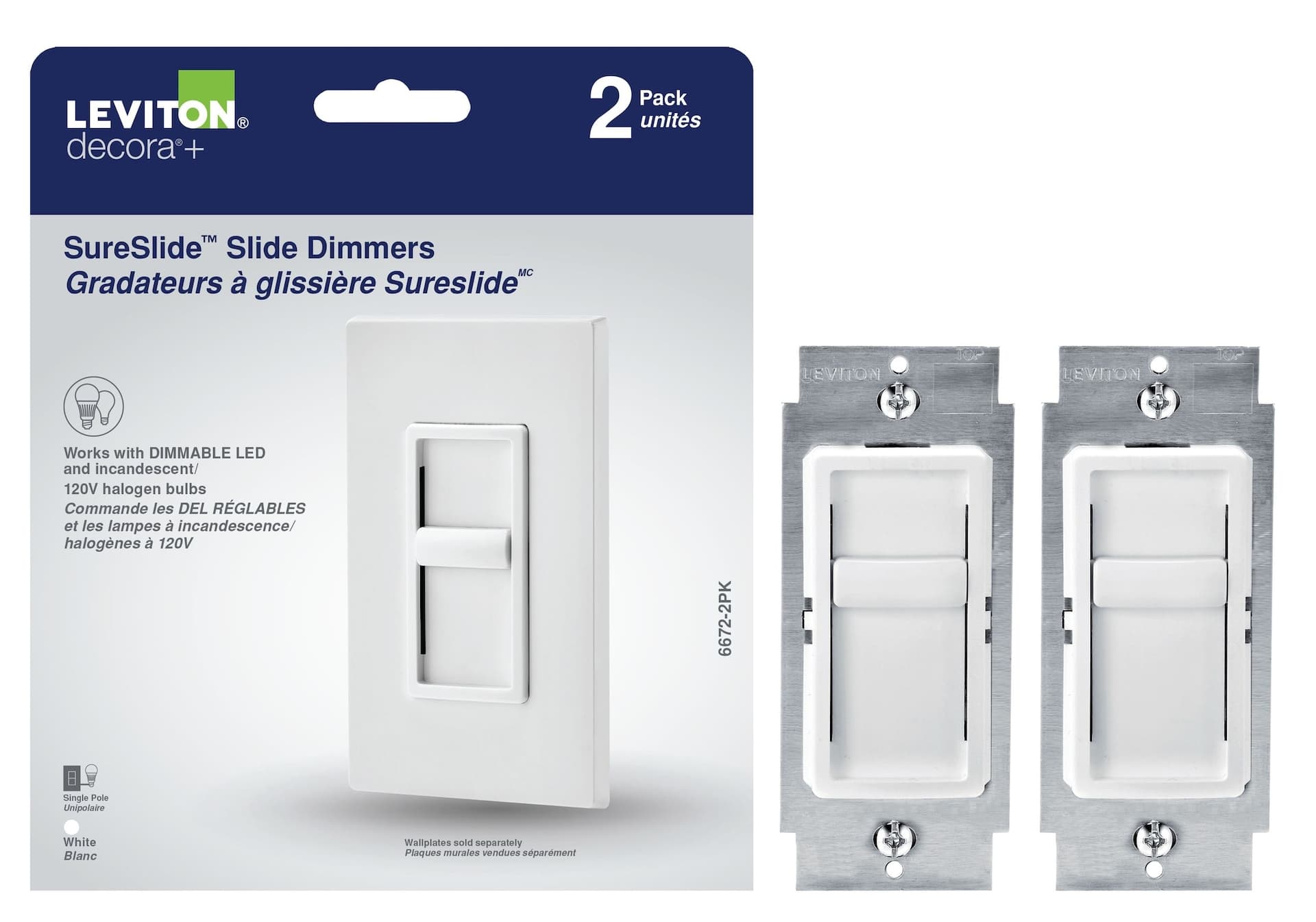 Levtion Decora SureSlide Universal Dimmer Switch, 2-pk, White