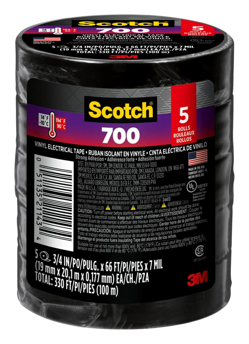 Scotch 700 3M Black Electrical Tape, 5-pk