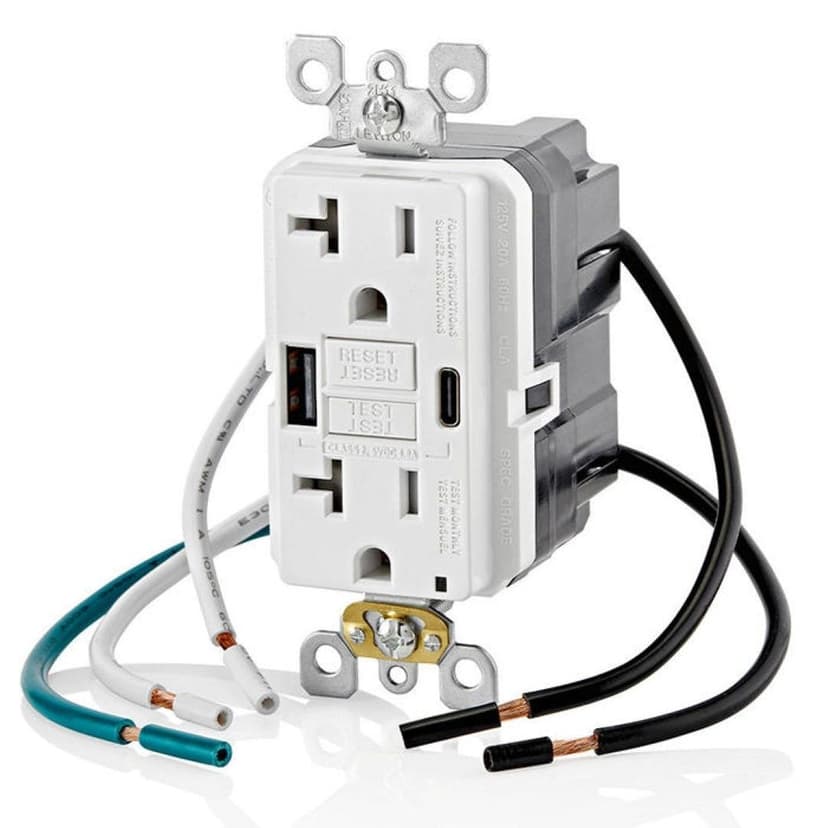 Leviton 20A USB & GFCI Receptacle, Type-A/Type-C