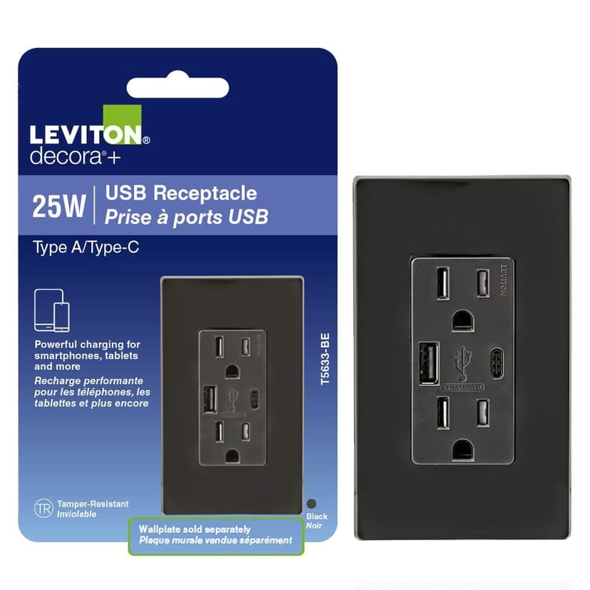 Leviton USB 15A Receptacle, Type-A/Type-C, Black