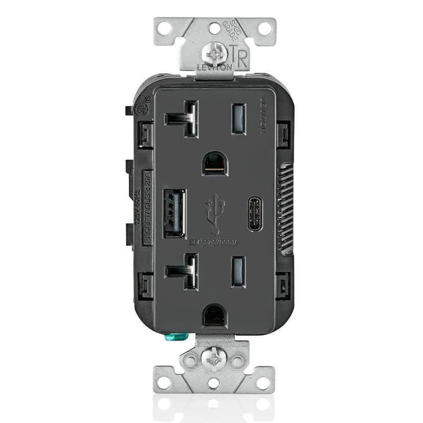 Leviton USB 20A Receptacle, Type-A/Type-C, Black