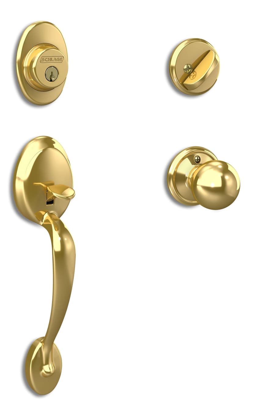 Schlage Plymouth Handleset with Orbit Interior Knob, Rated AAA Security, Bright Brass